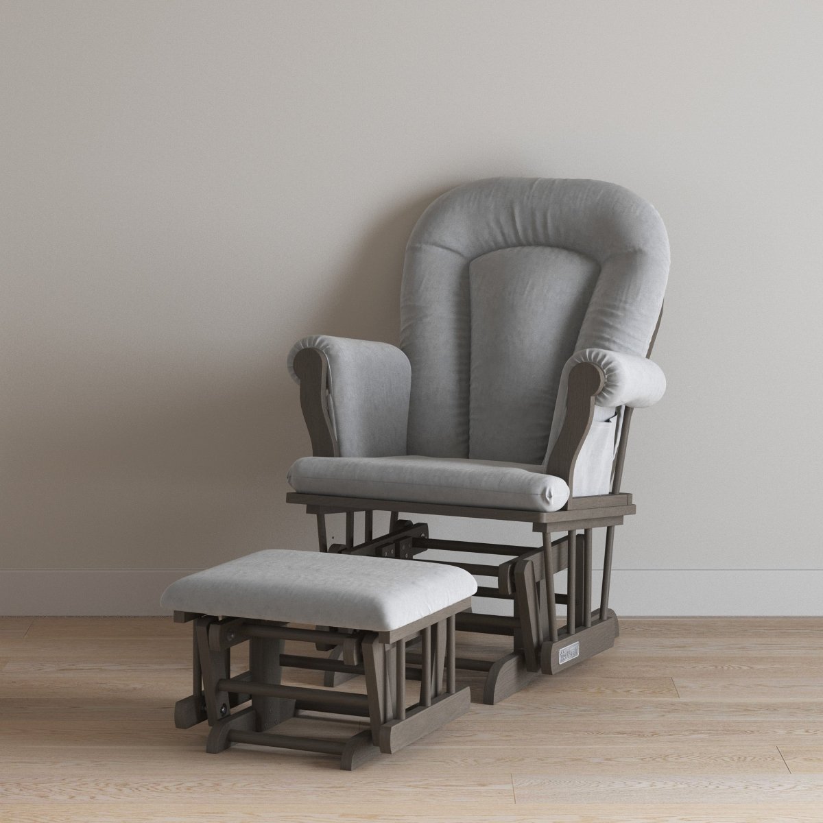 Cozy Glider and Ottoman. Dapper Gray