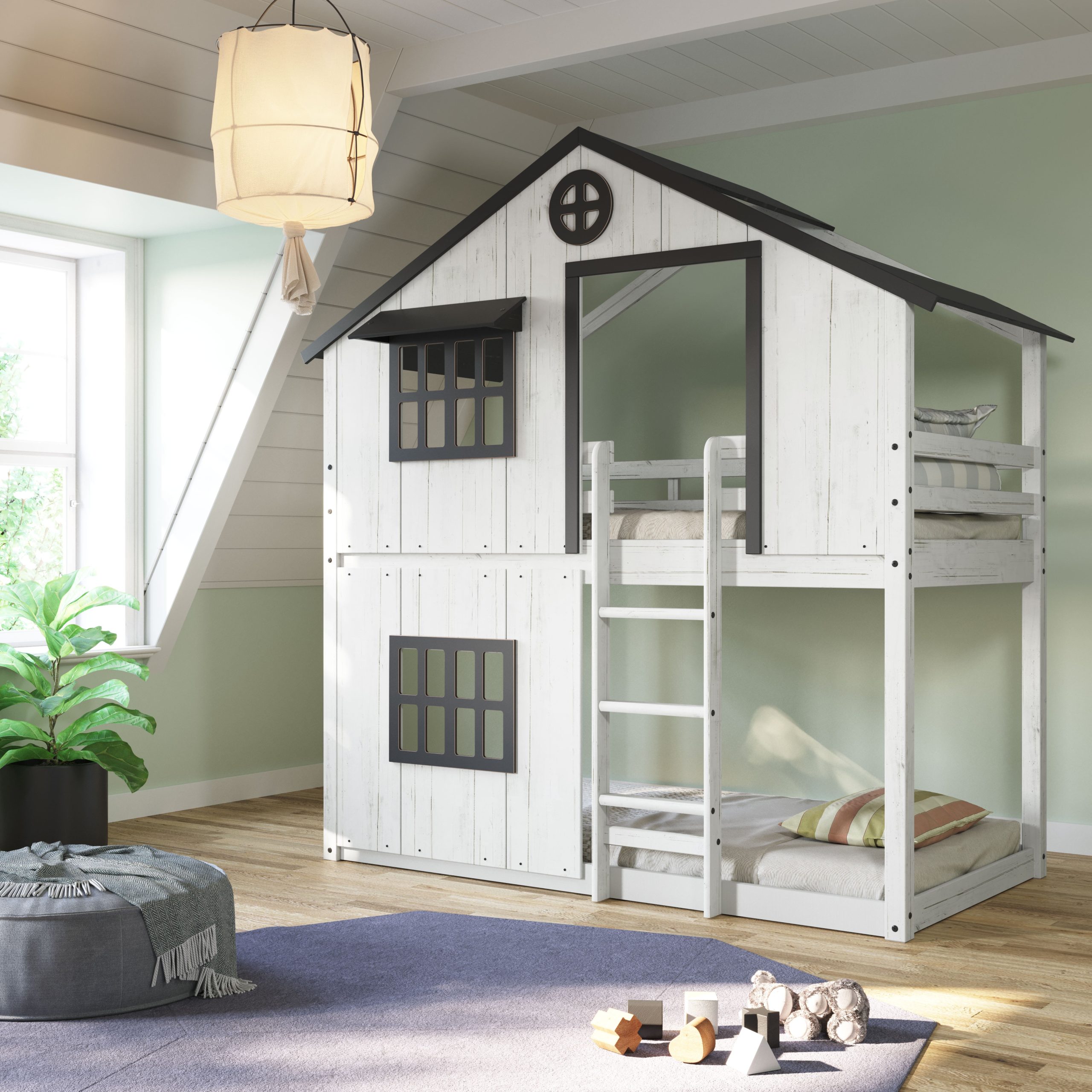 Modern Farmhouse Twin Over Twin Bunk Bed. White/Black - Image 18