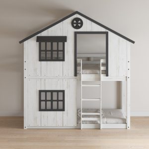 Modern Farmhouse Twin Over Twin Bunk Bed. White/Black